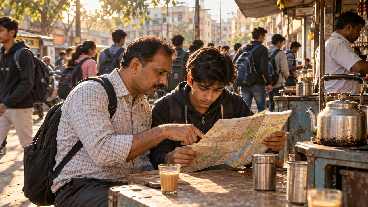 A parent and a teenage student study a printed city map at a roadside tea stall on a busy coaching street in Kota, Rajasthan, with students walking past in the background.
