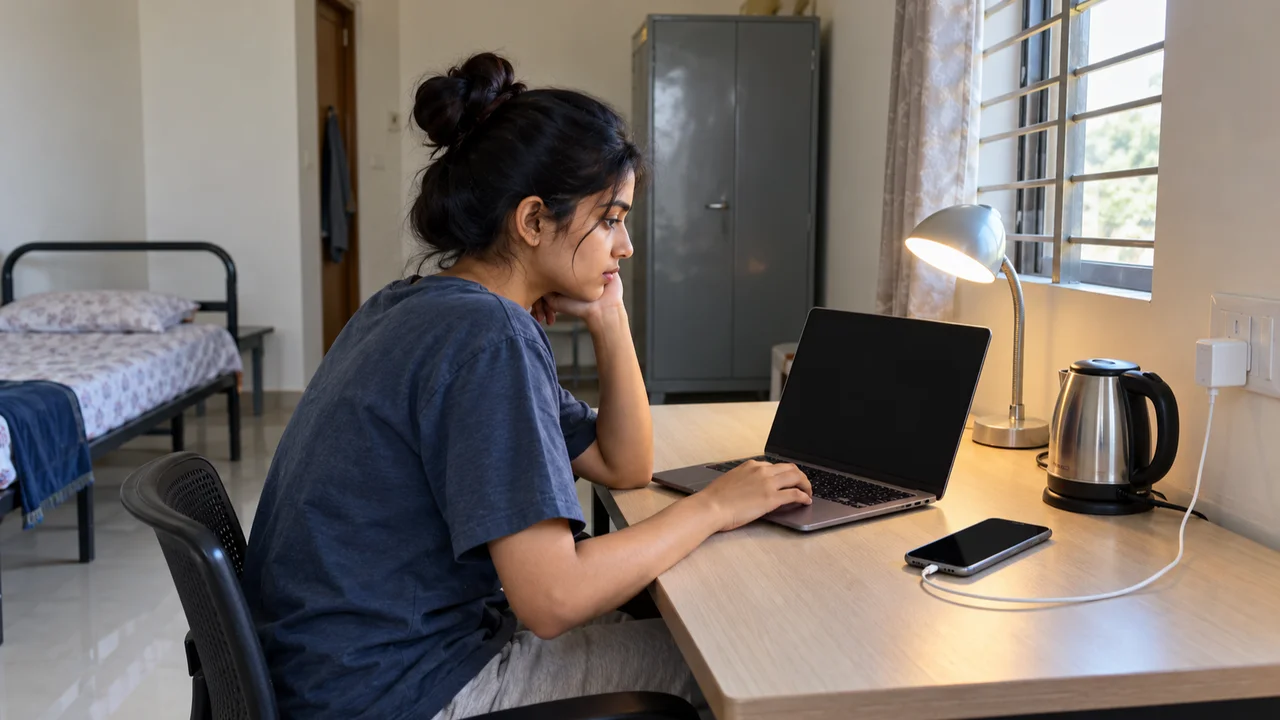 A student's hostel room desk in India with a laptop, phone charger, desk lamp and a small electric kettle placed beside a wall socket.