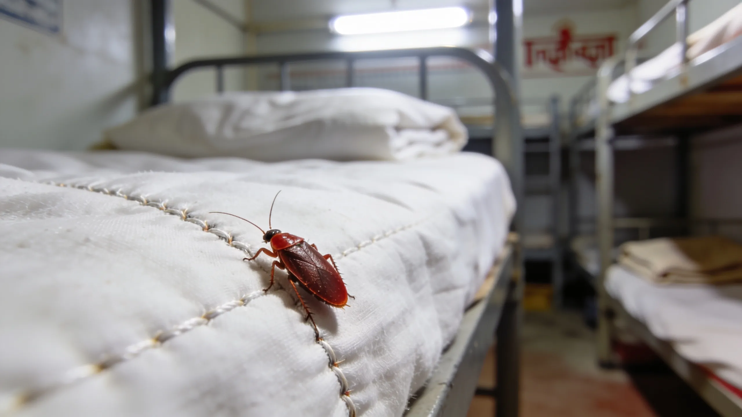 Close-up of bed bug on hostel mattress seam with identification markers in India