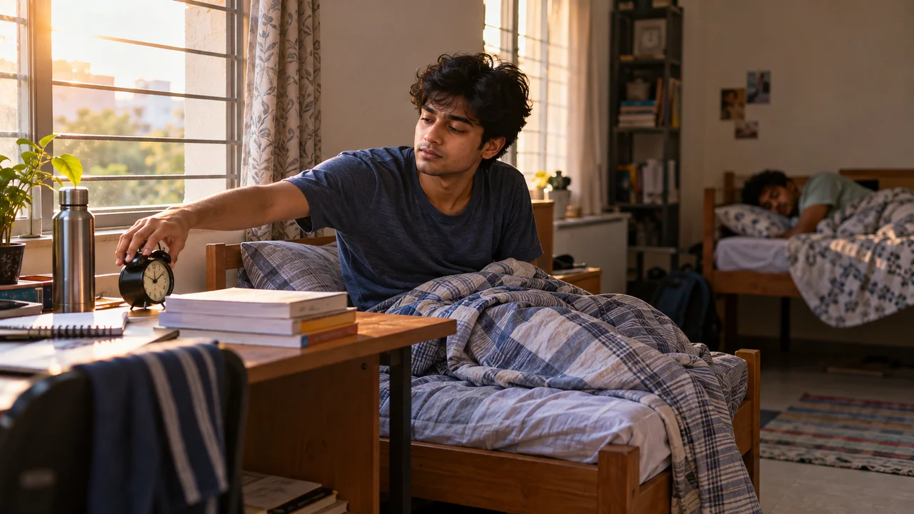 A student in a shared hostel room reaches for a small alarm clock on a wooden study desk while early morning light comes through the window.
