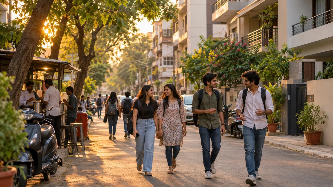 A tree-lined residential street in western Ahmedabad in the early evening, with students walking past low-rise apartment buildings and small shops.