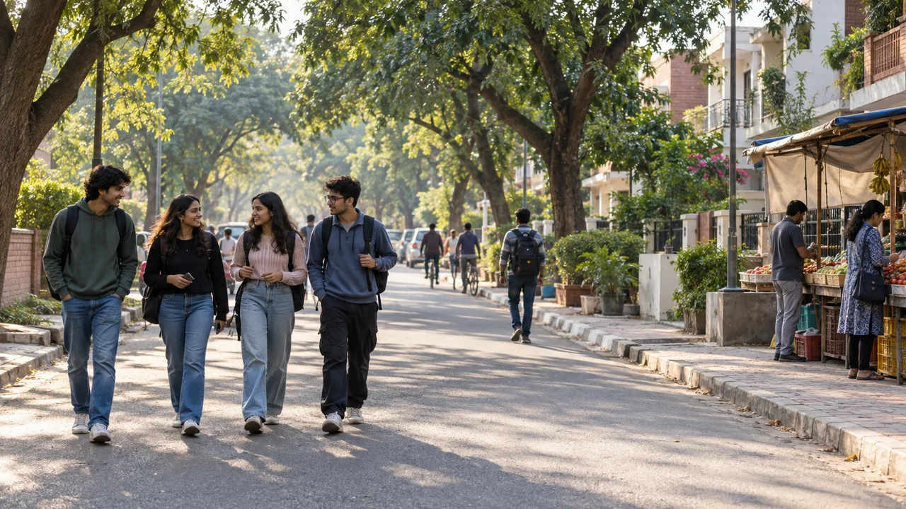 A tree-lined residential sector road in Chandigarh with students walking past low-rise houses on a clear morning.