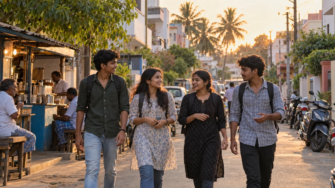 A busy residential street in Coimbatore in the early evening, with students carrying backpacks walking past low-rise homes and small shops.