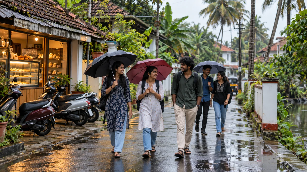 College students with backpacks walk along a tree-lined residential road in Kochi after rain, passing low-rise homes, a small bakery and parked scooters.