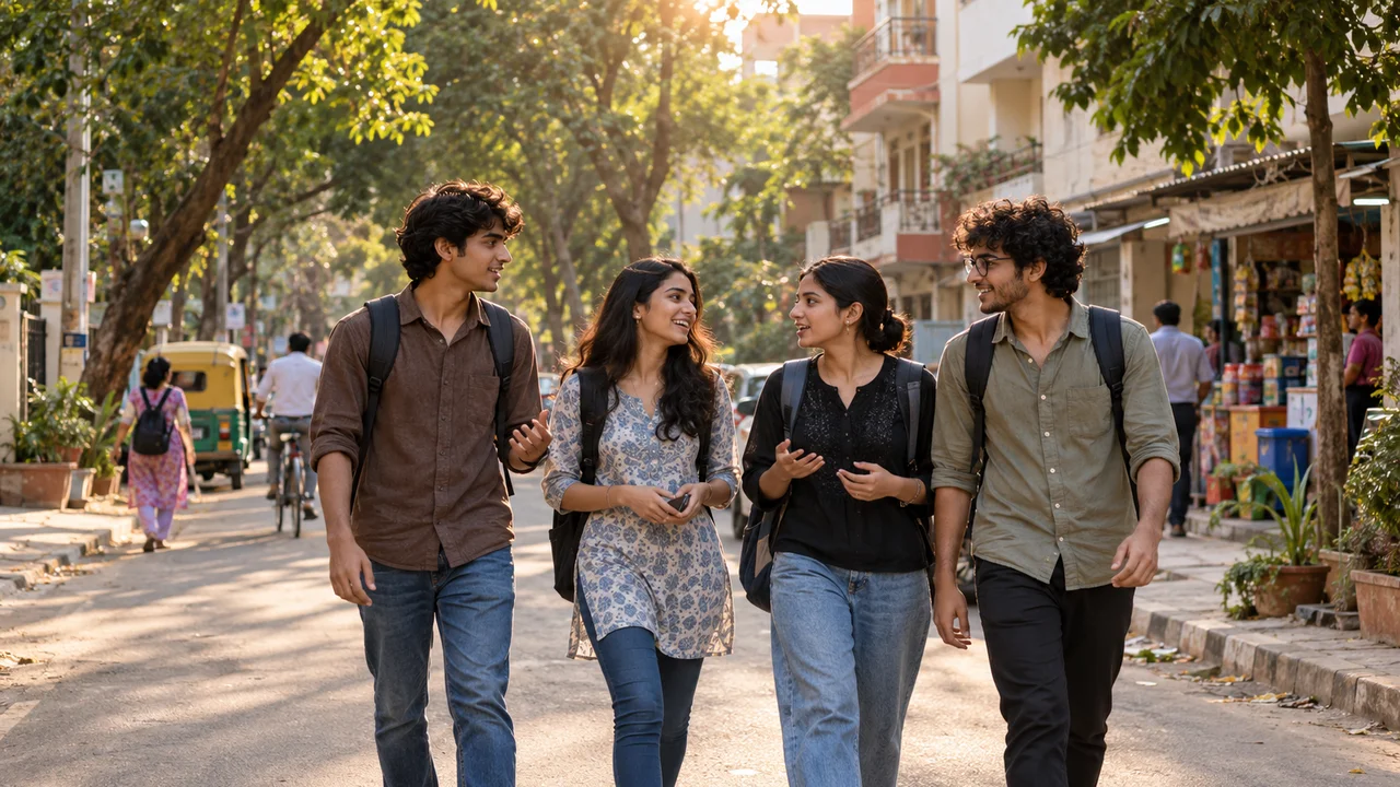 A group of Indian college students walking along a tree-lined street in a residential Lucknow neighbourhood in the late afternoon.