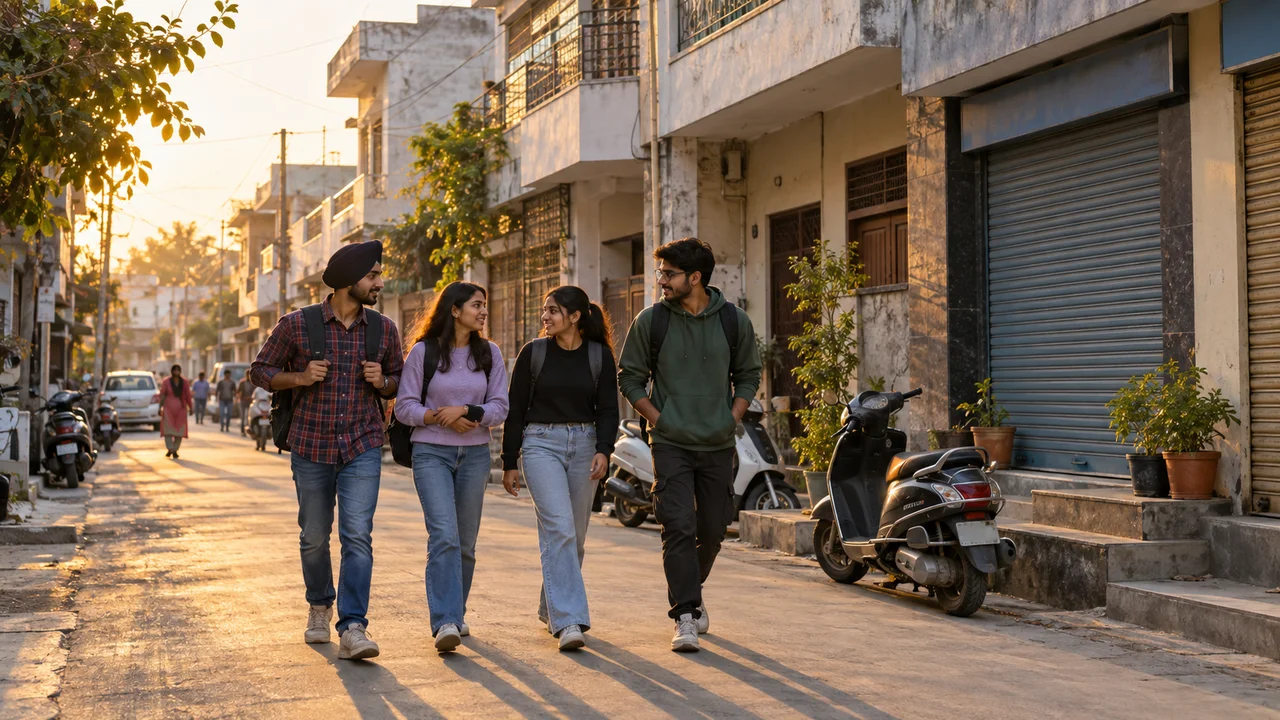 A residential street in Ludhiana with college students walking past small shops and two-storey houses in the evening light.