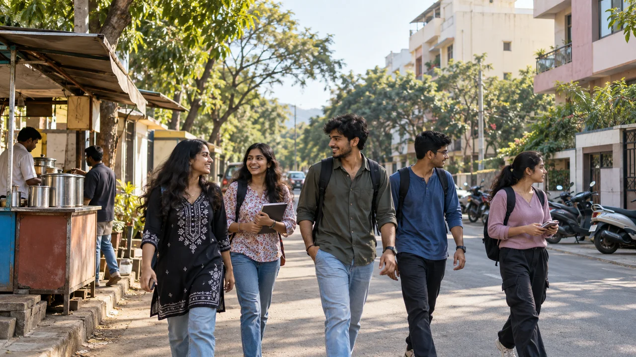 College students walking along a tree-lined residential road in Nashik on a clear morning, with small shops and parked two-wheelers beside them.
