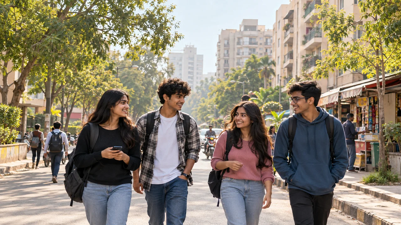 Students with backpacks walking past a row of residential buildings on a tree-lined street in Noida in the early morning.