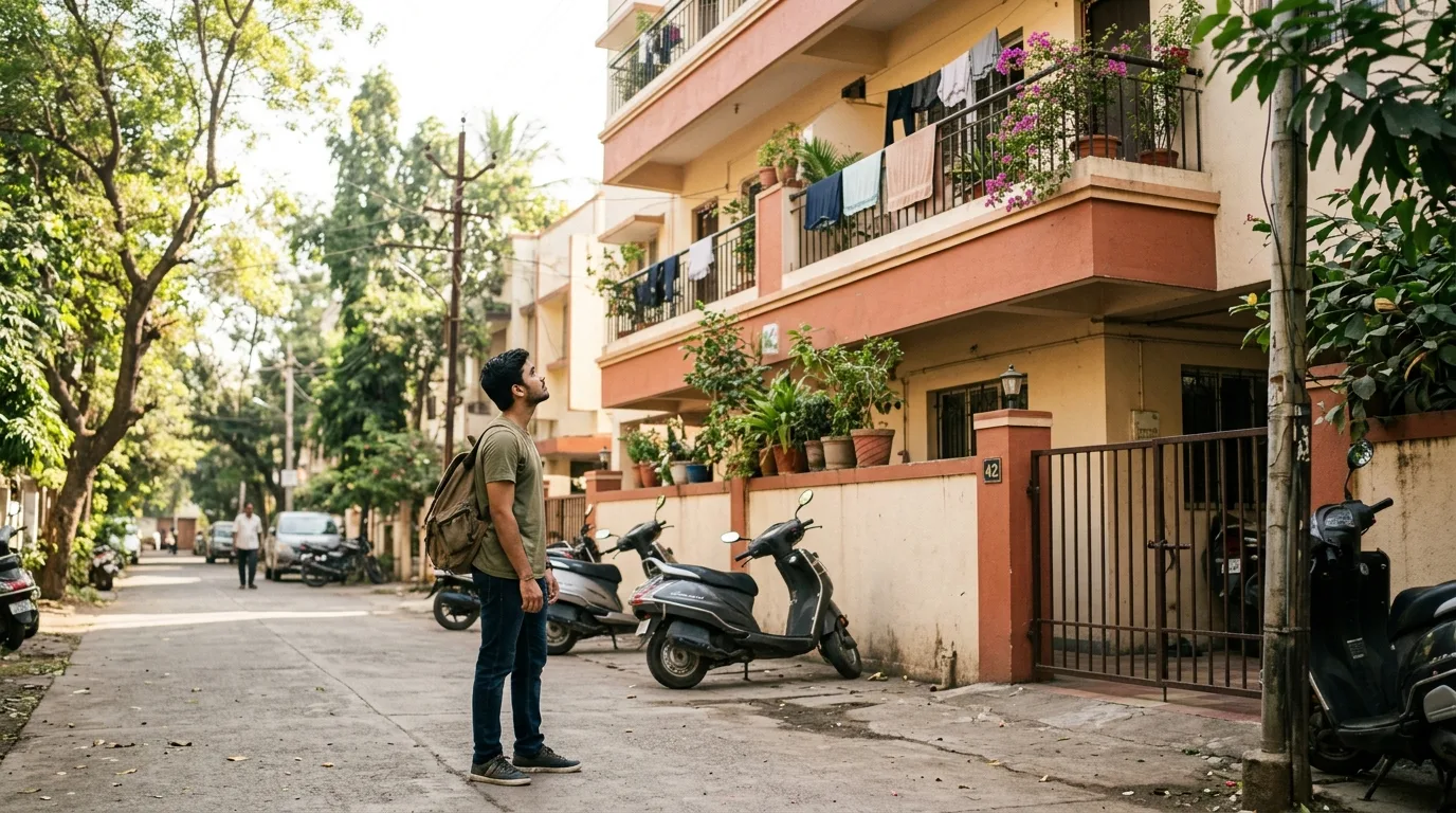 Student with a backpack looking up at a paying-guest building on a leafy Pune residential lane