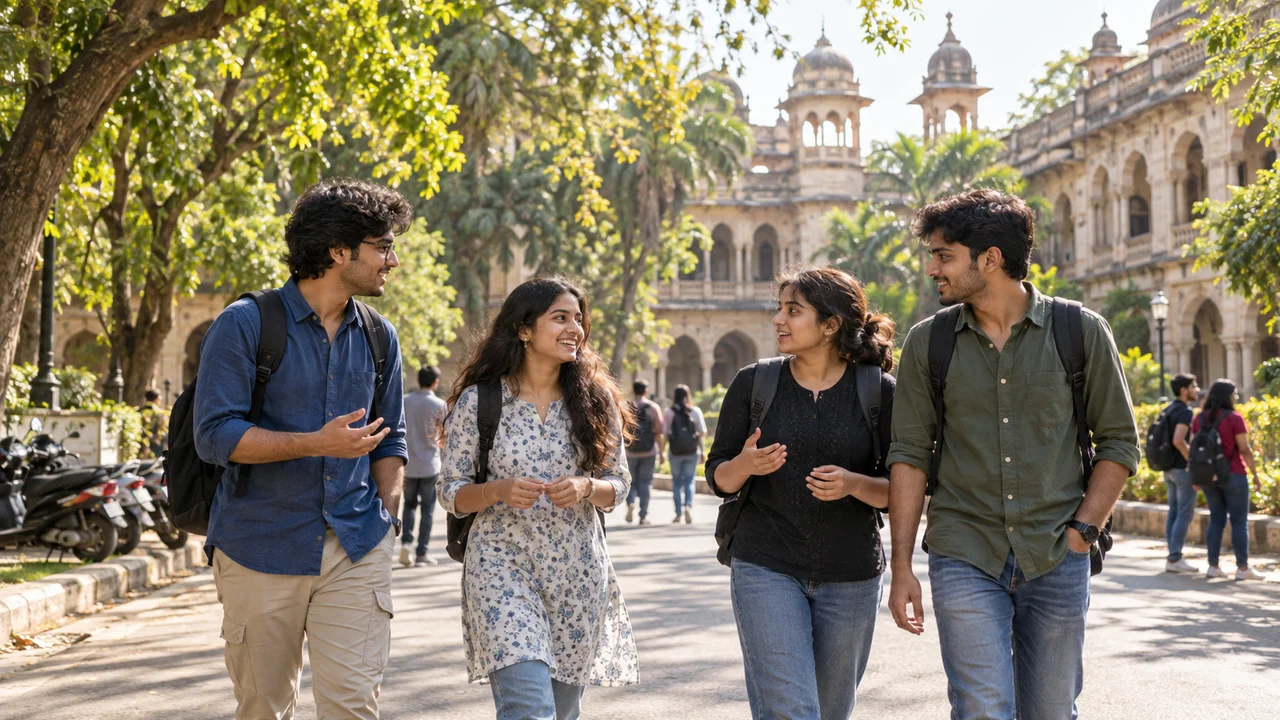 College students chatting outside a heritage-style university building on a tree-lined road in Vadodara on a sunny afternoon.
