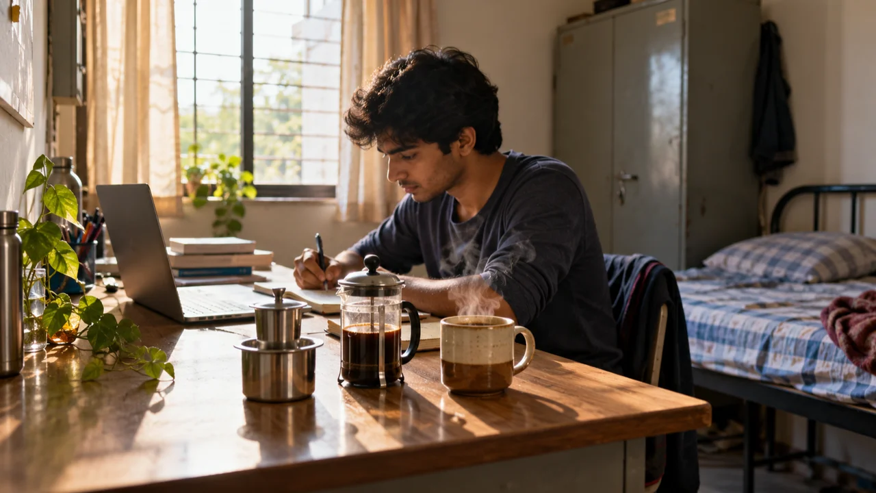 A student's hostel desk with a steel South Indian coffee filter, a glass French press and a mug of coffee beside a laptop and notebooks.
