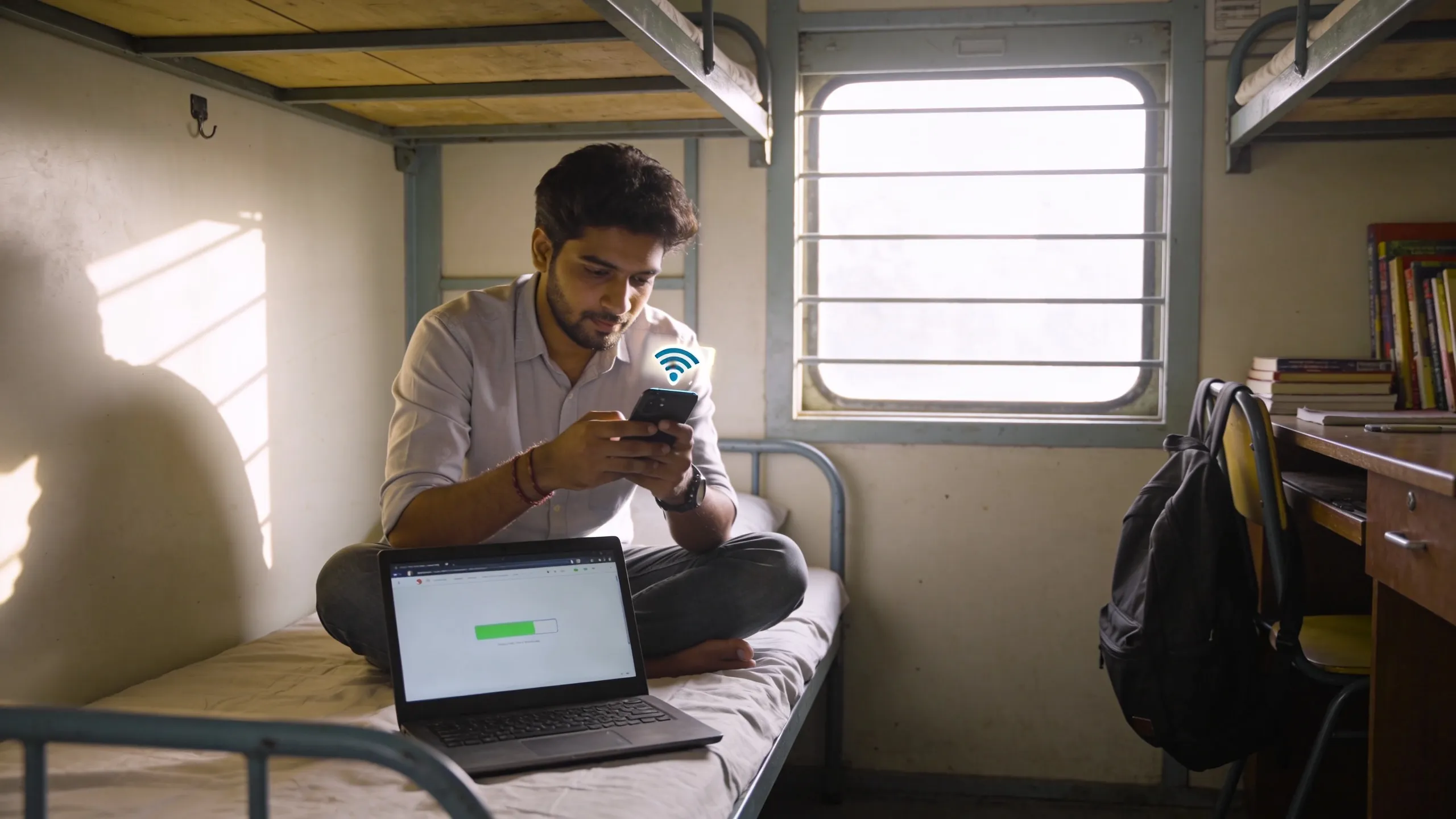 Student using mobile hotspot for laptop in hostel room