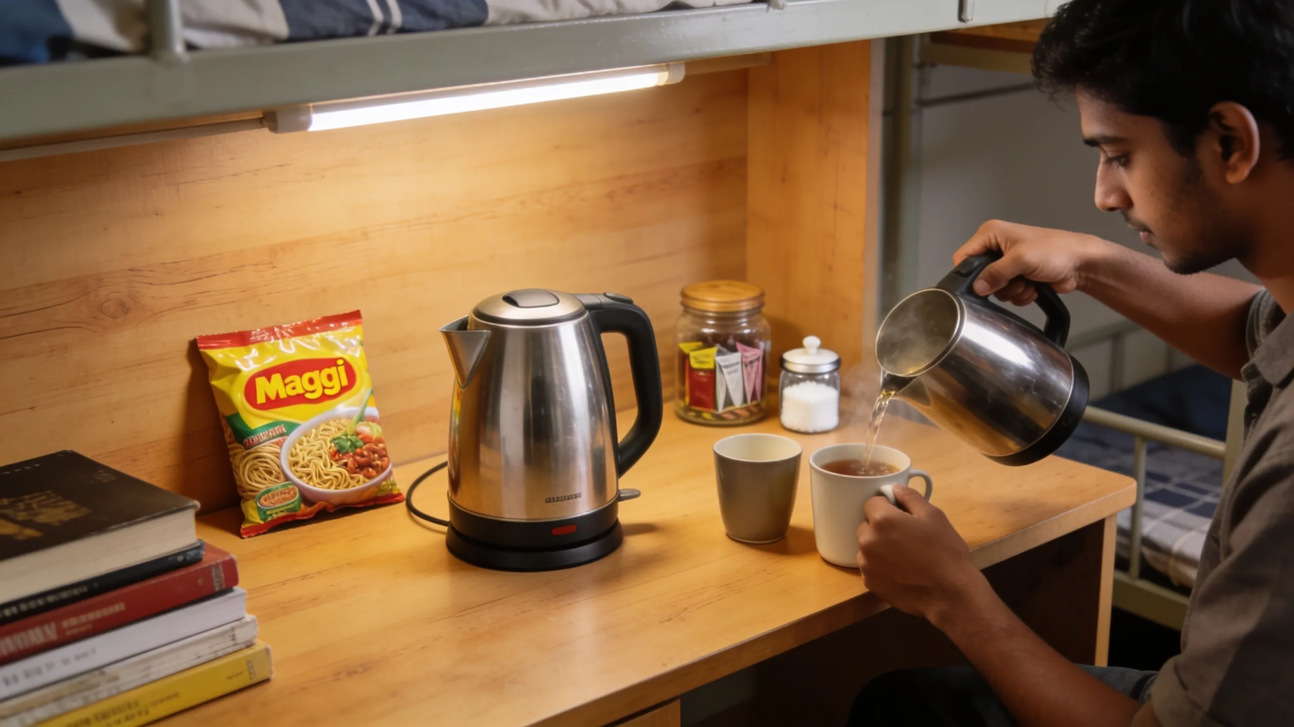Electric kettle and cooking setup on hostel room desk with Maggi and tea supplies
