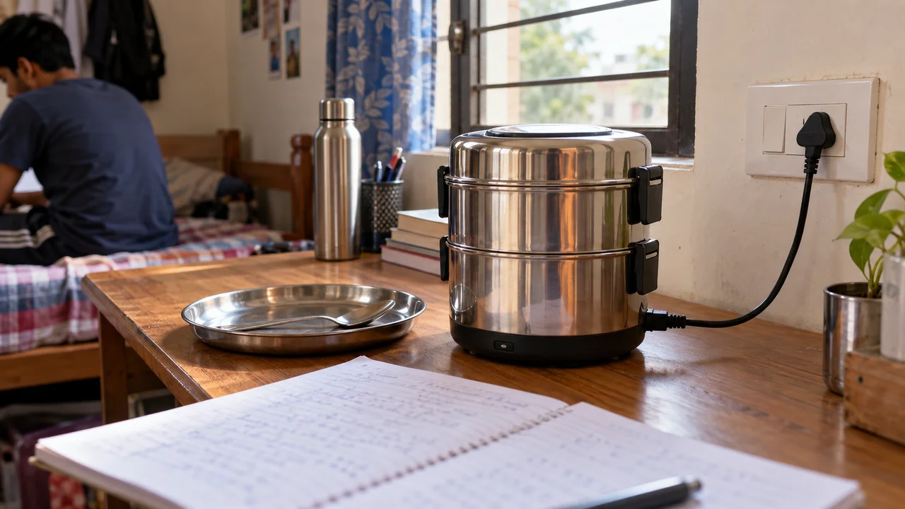 A stainless steel electric tiffin box plugged in on a hostel study desk next to a steel plate, spoon and a notebook.
