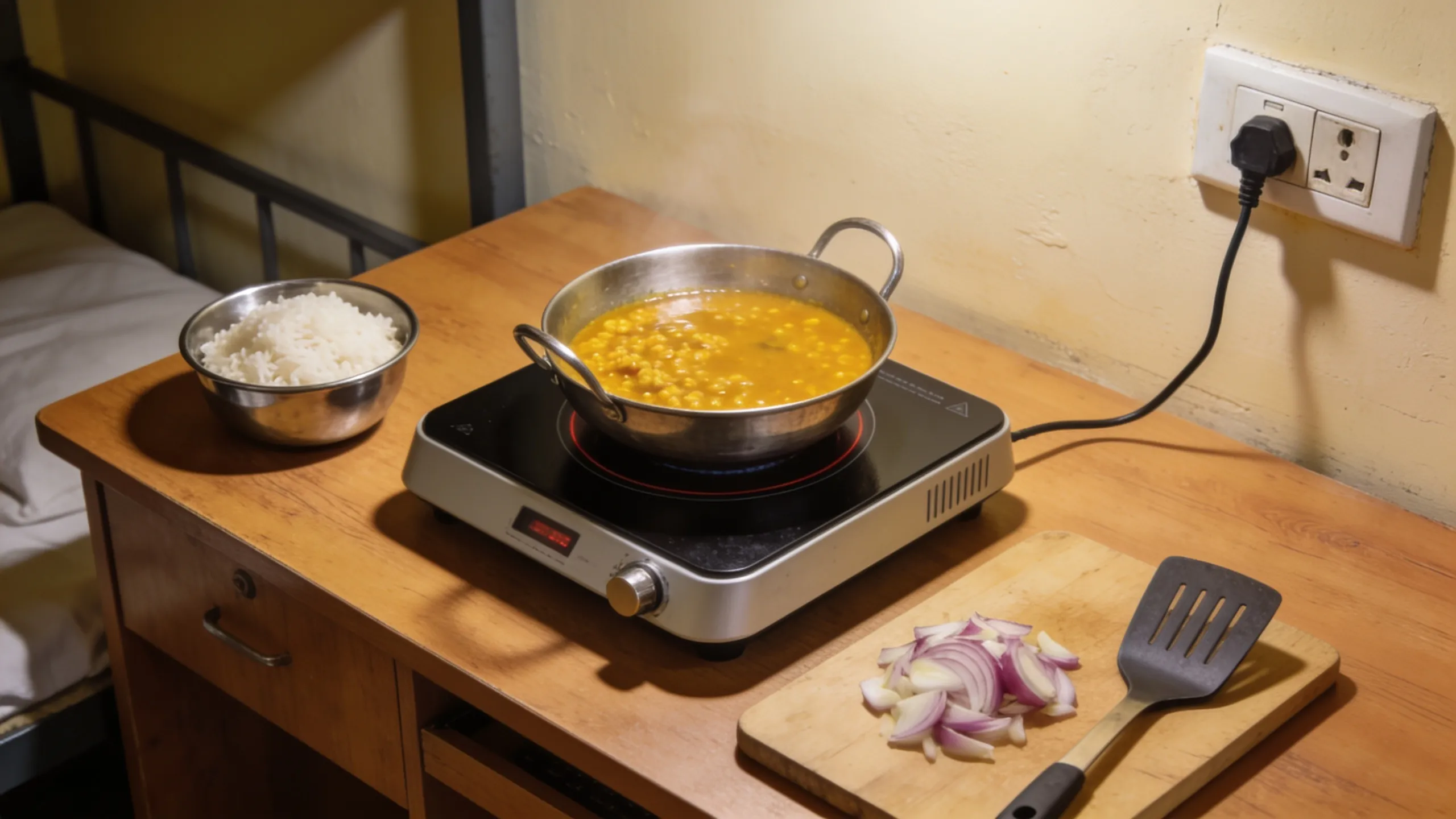 Induction cooktop with pan on hostel room desk cooking dal in India