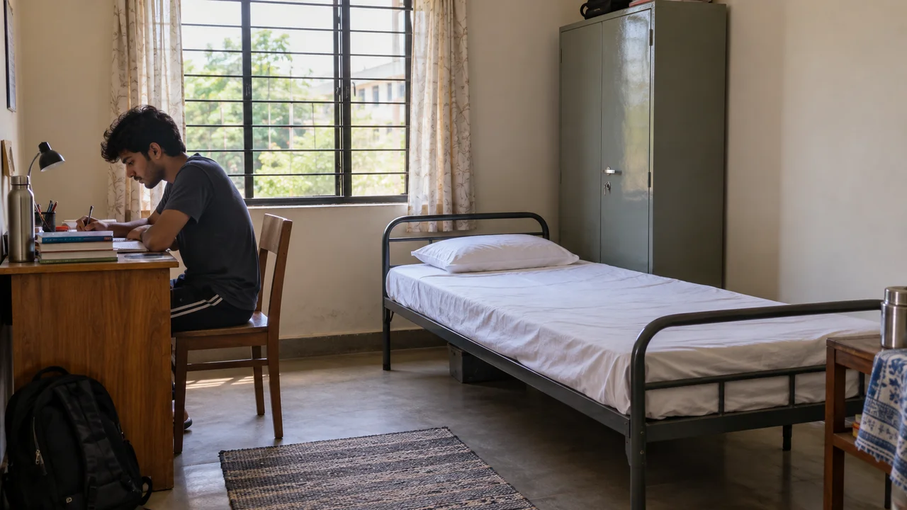 A neatly made single cot in an Indian hostel room with a firm mattress, white bedsheet and a pillow beside a study table.