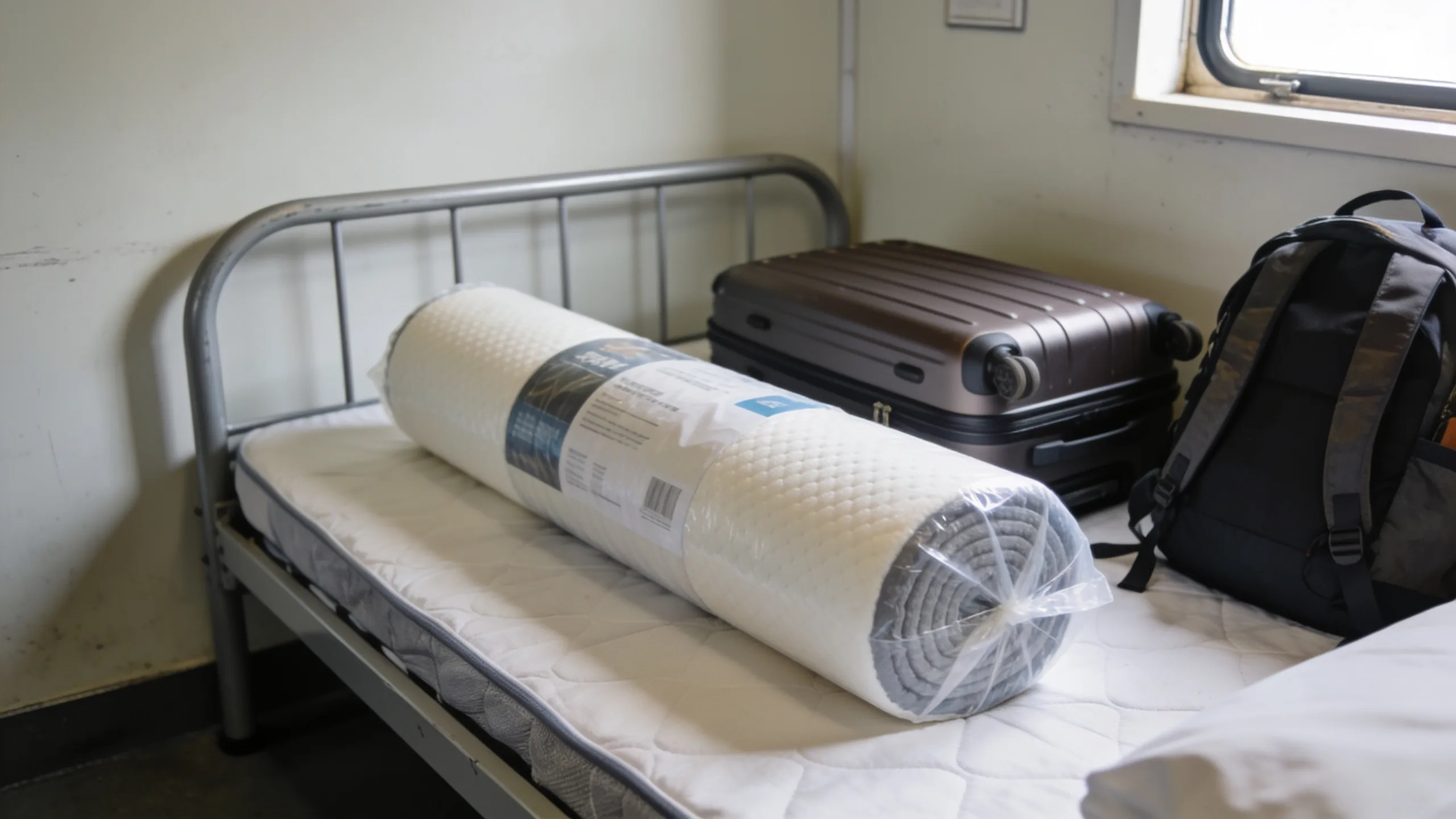 Mattress topper rolled up on hostel bed next to packed suitcase India