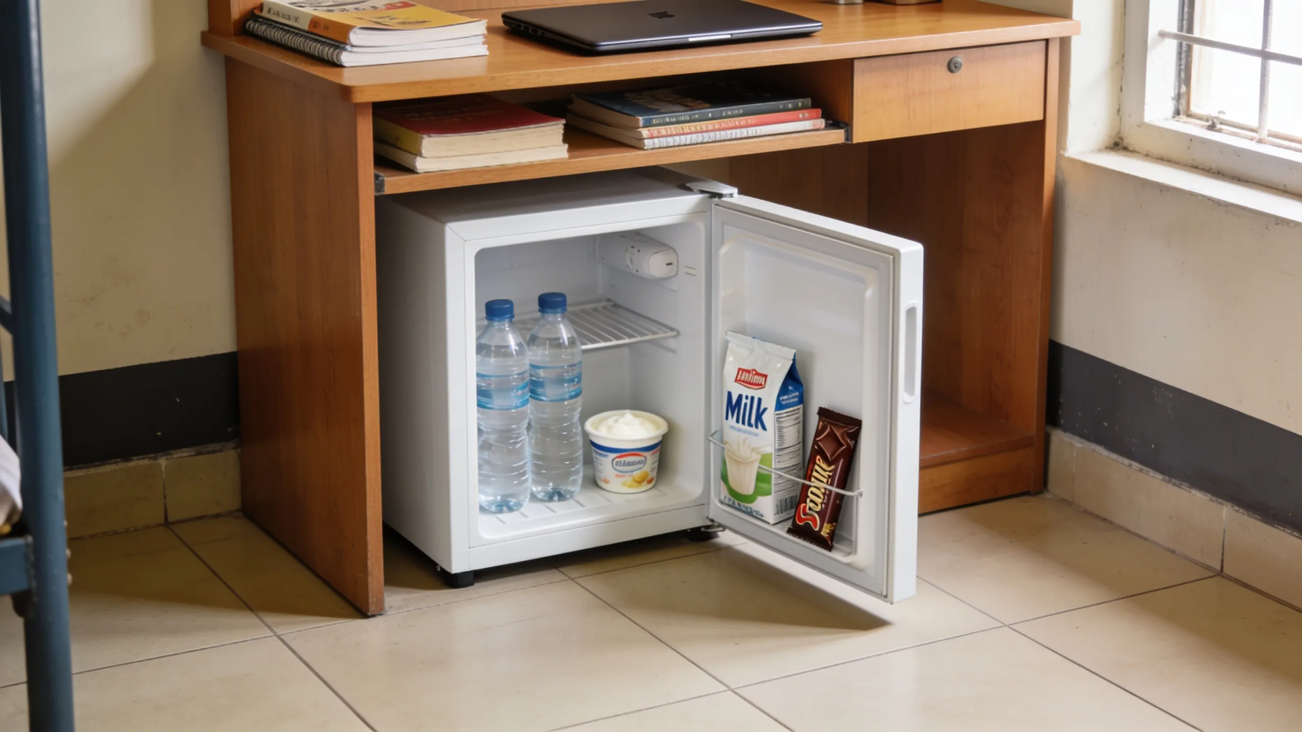 Mini fridge in Indian hostel room under study desk with water bottles and milk packet