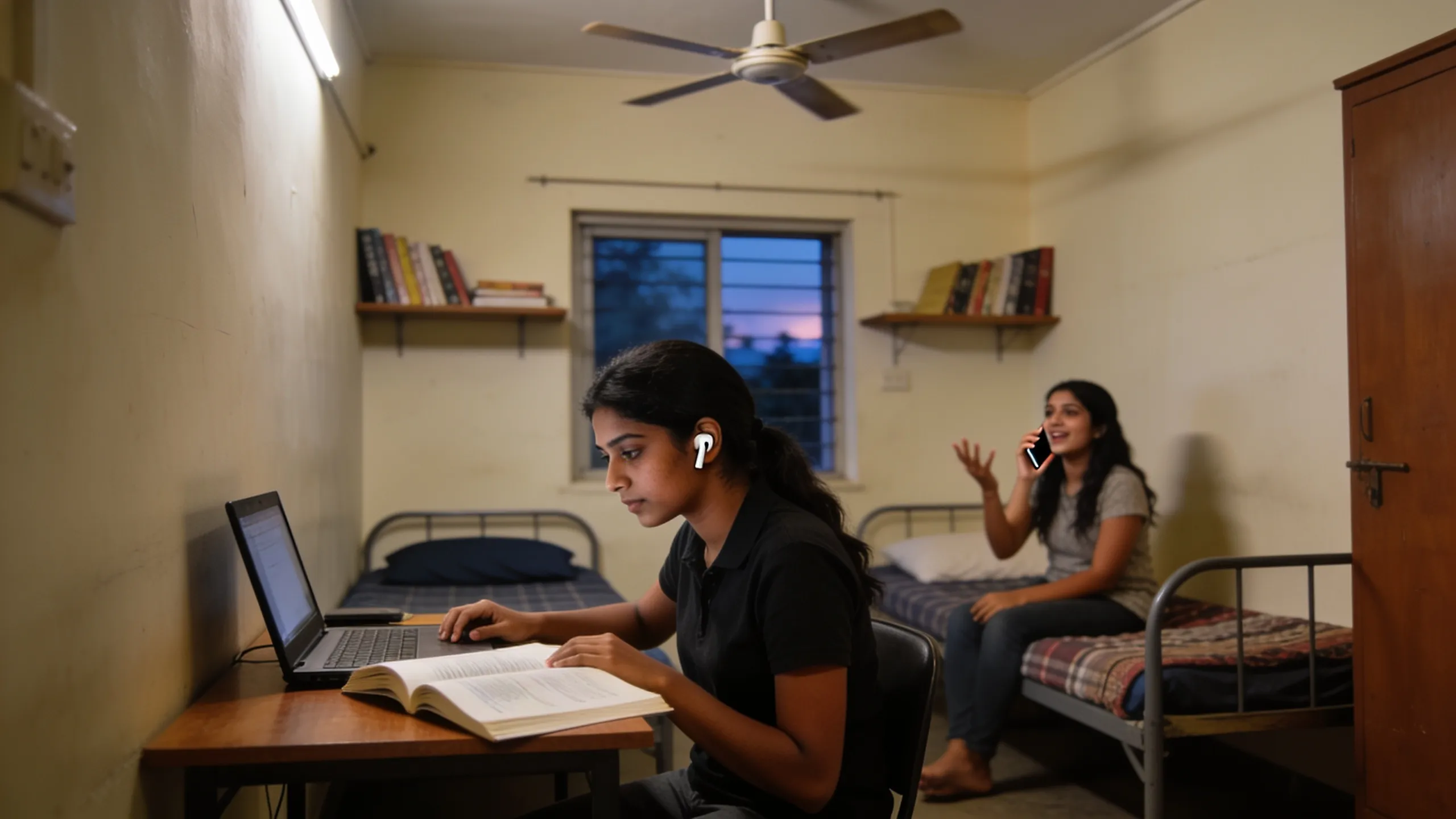 Indian student wearing wireless earbuds studying at hostel desk while roommate talks on phone