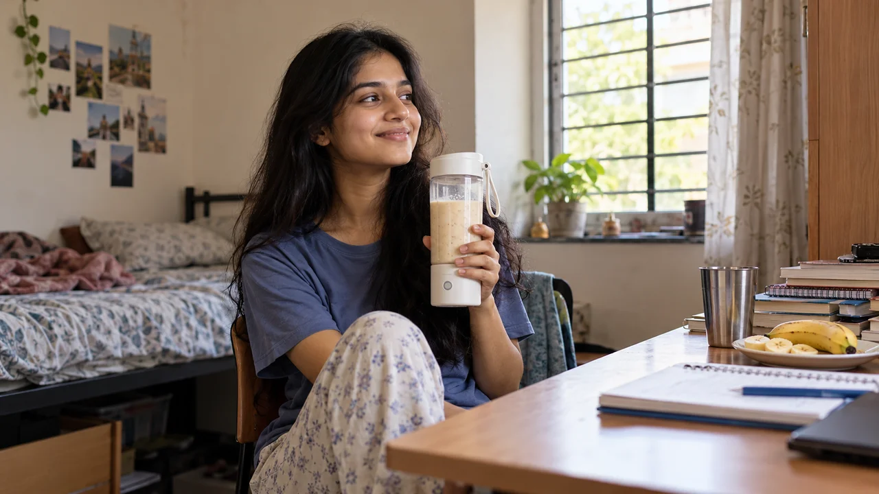 A student on a hostel bed holds a small rechargeable bottle blender filled with banana shake, with a study desk and books in the background.