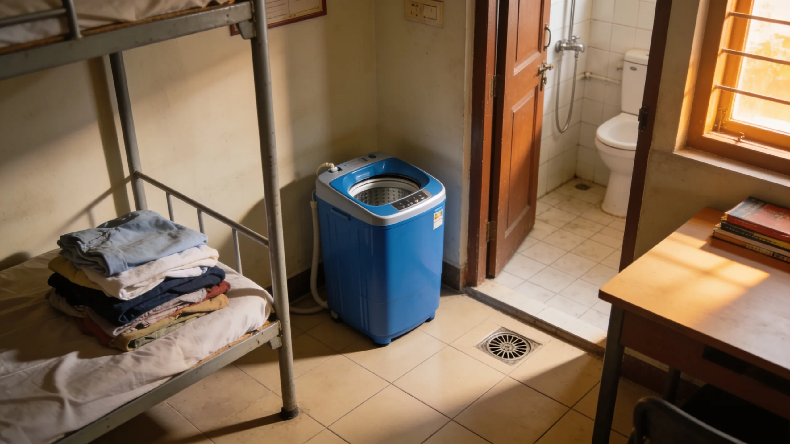Portable washing machine in corner of hostel room near bathroom door India