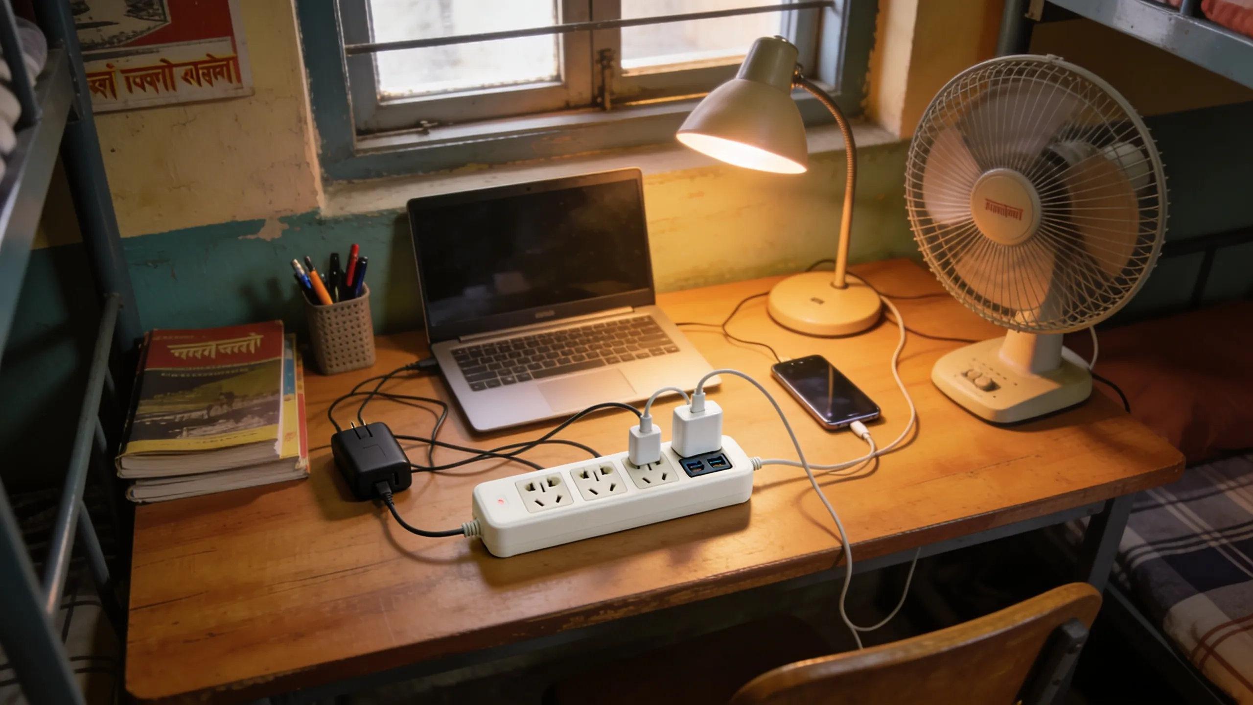 Extension board with multiple devices plugged in on hostel room desk