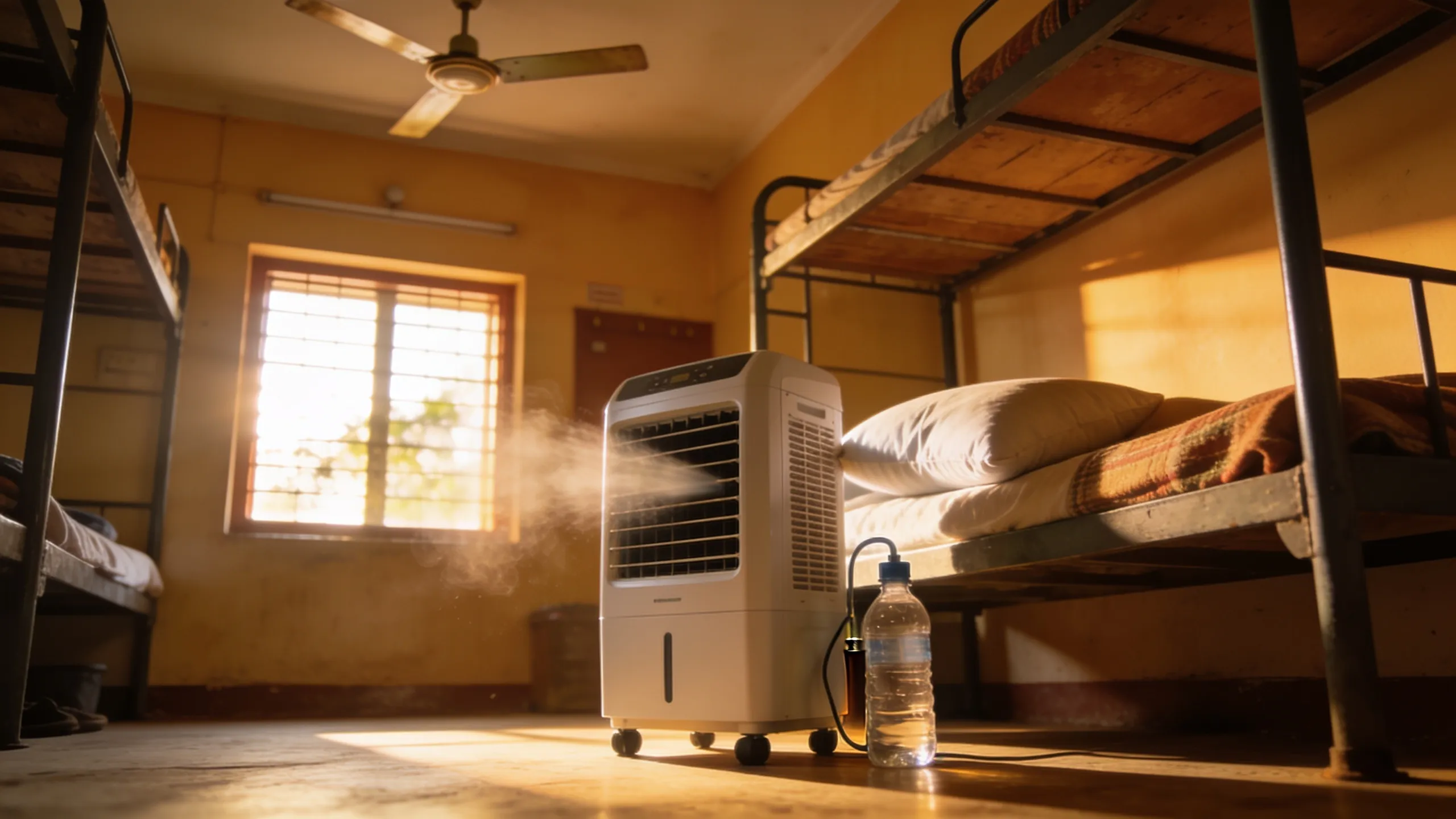 Personal air cooler next to bed in Indian hostel room during summer