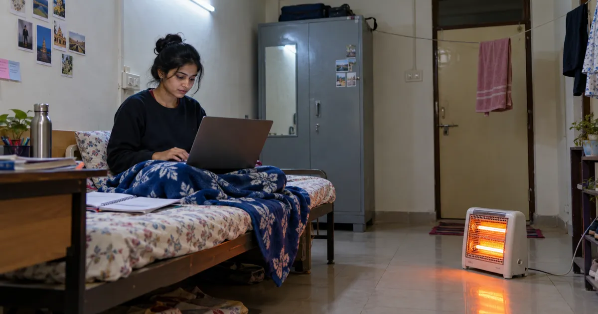 Student working on a laptop under a navy blanket on her hostel bed while a small two-rod quartz heater glows on the tiled floor beside a steel almirah
