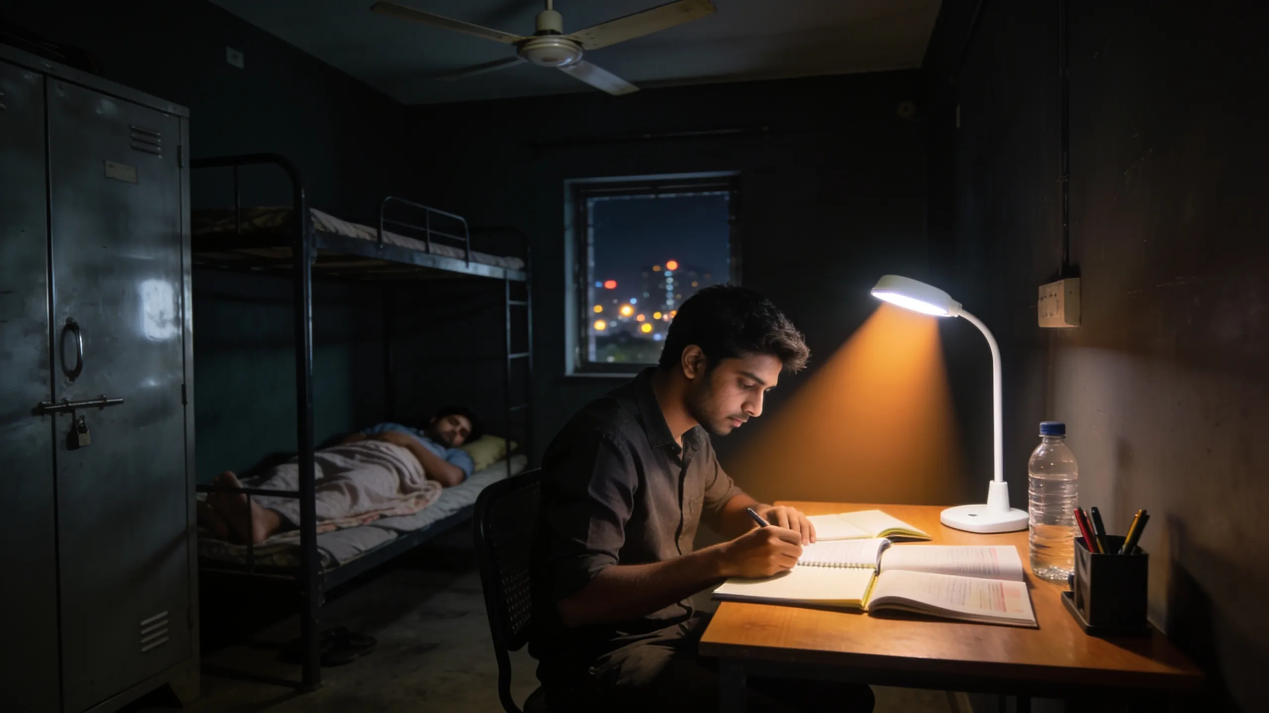 Student studying at hostel desk with LED lamp at night while roommate sleeps