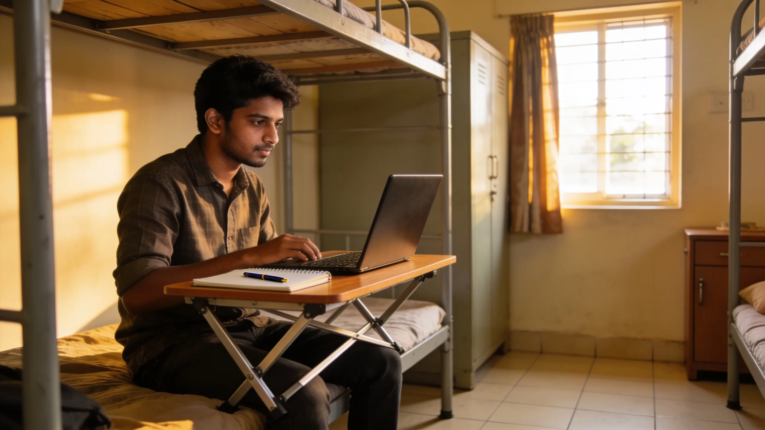 Student using foldable study table in small Indian hostel room