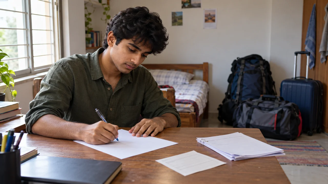 An Indian college student sits at a hostel room desk writing a caution deposit refund application by hand, with a fee receipt and a room clearance form beside the letter.