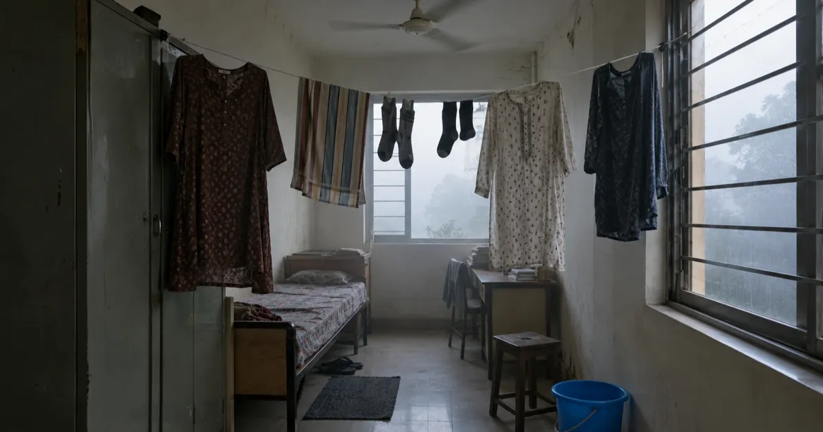 Kurtas, a striped towel and socks hung with gaps along a clothesline across a narrow hostel room on a foggy morning, a ceiling fan overhead and a blue bucket below the barred window