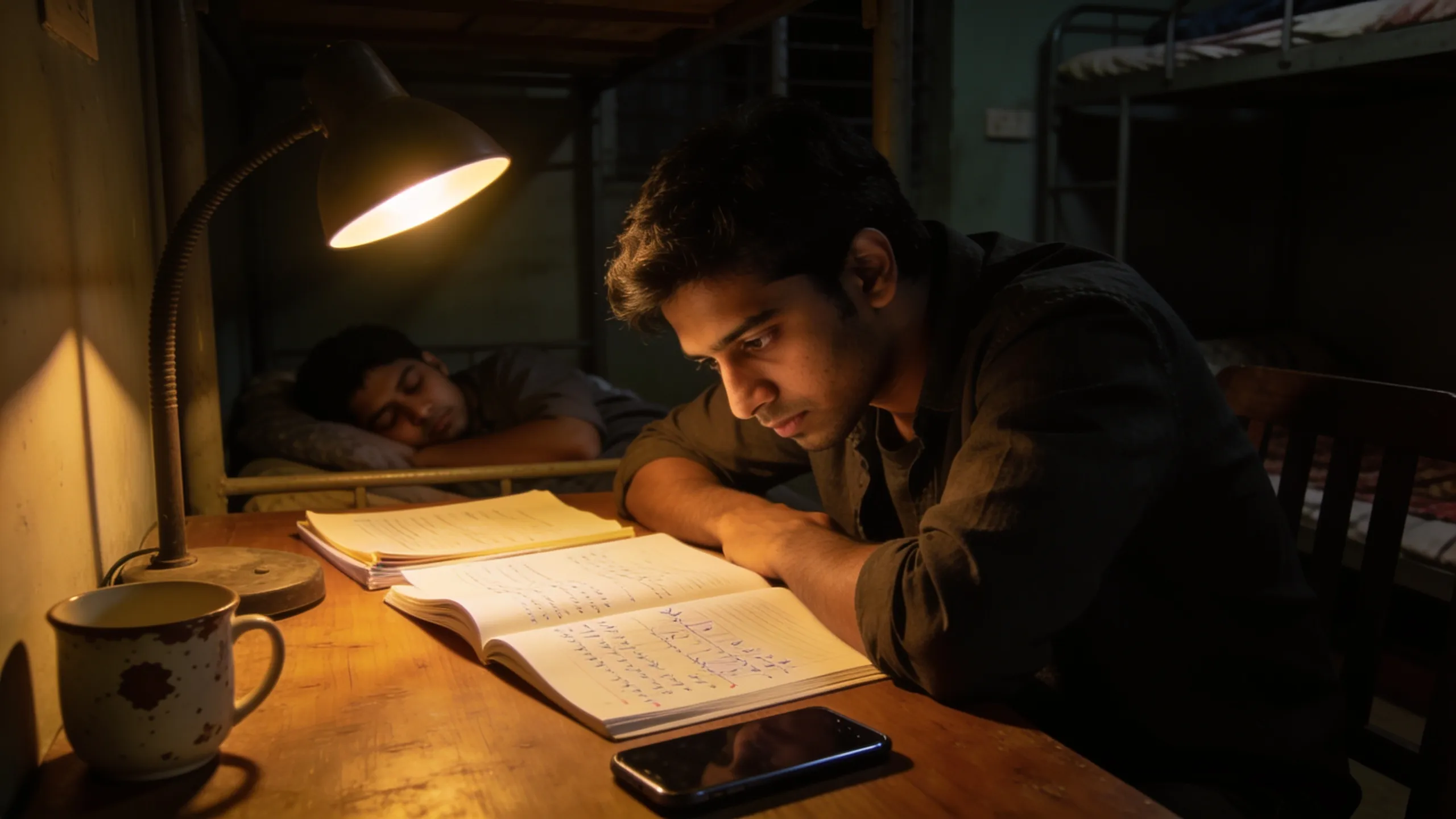 Student studying at desk in hostel room late at night with desk lamp
