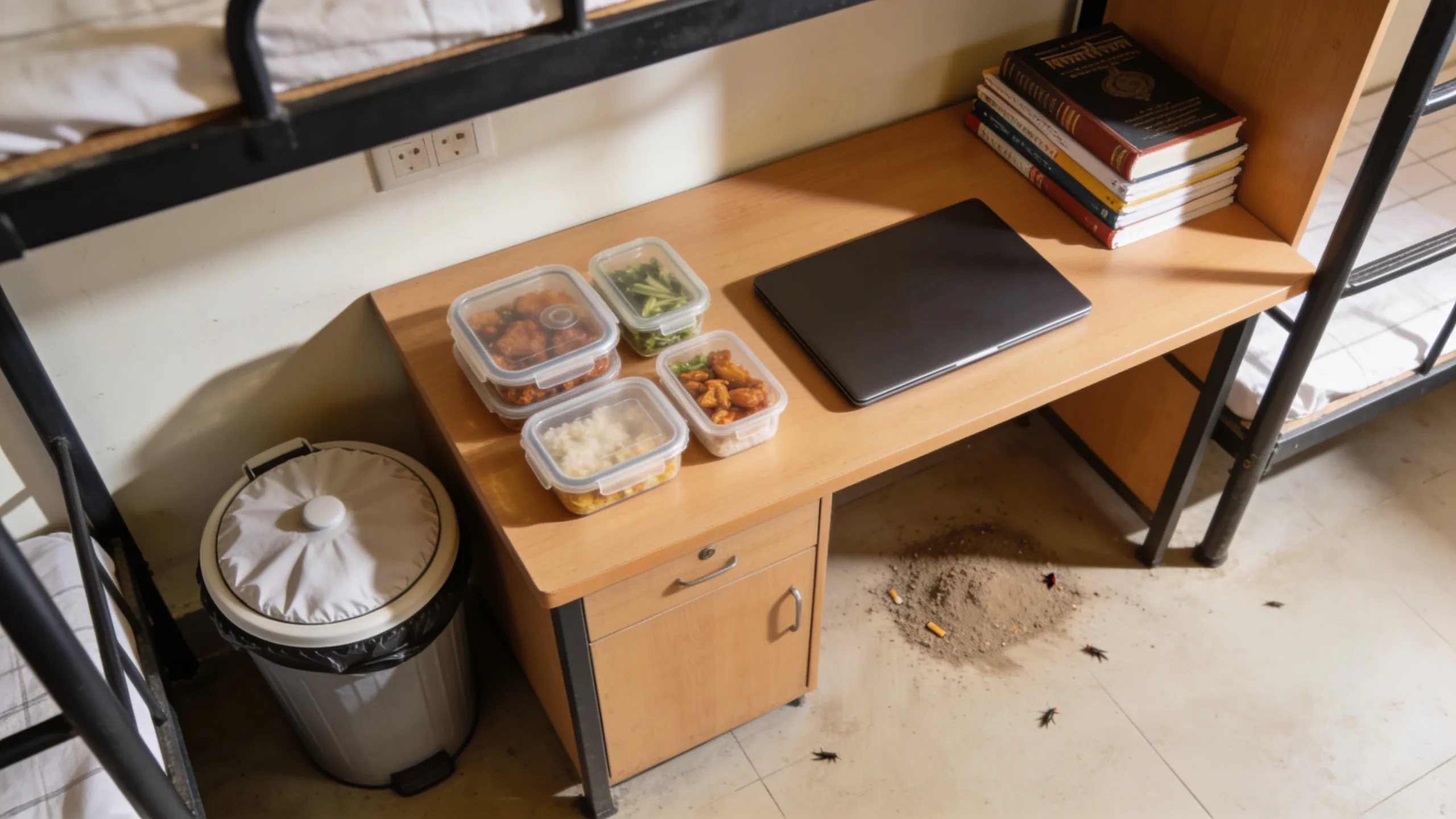Hostel room with pest prevention setup, sealed containers, clean desk, no food wrappers