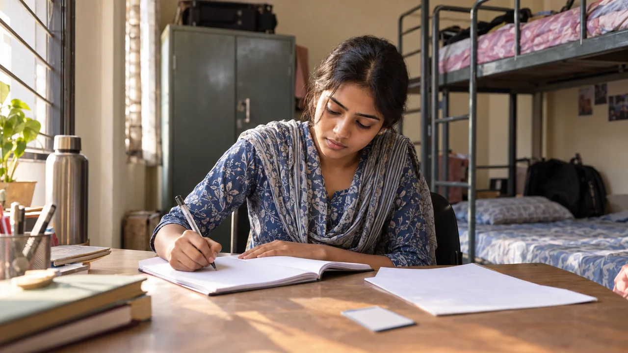 A college student sits at a hostel room desk writing a letter to the warden, with a scholarship form and an ID card beside the notebook.