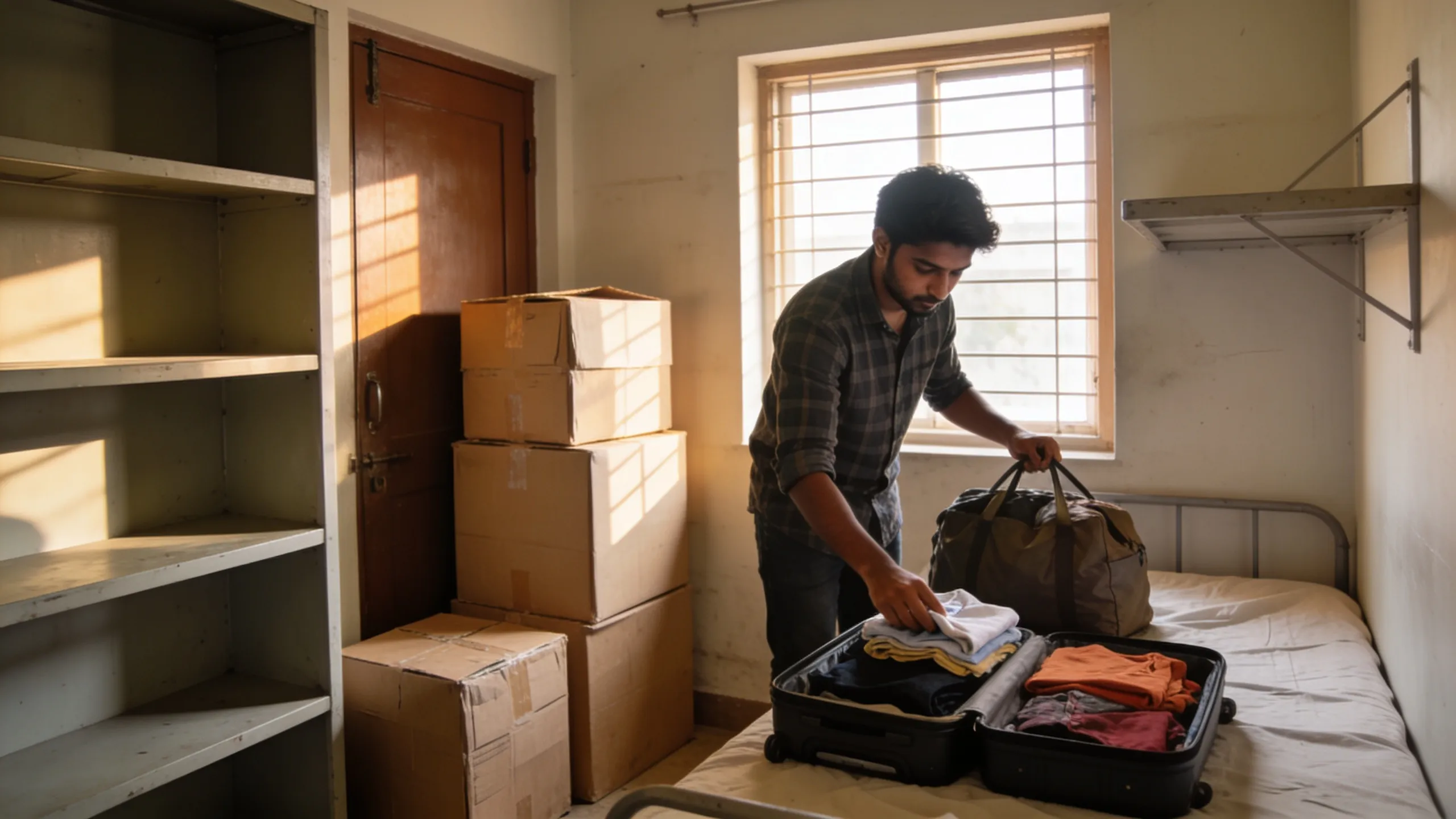 Student packing boxes in hostel room before moving out