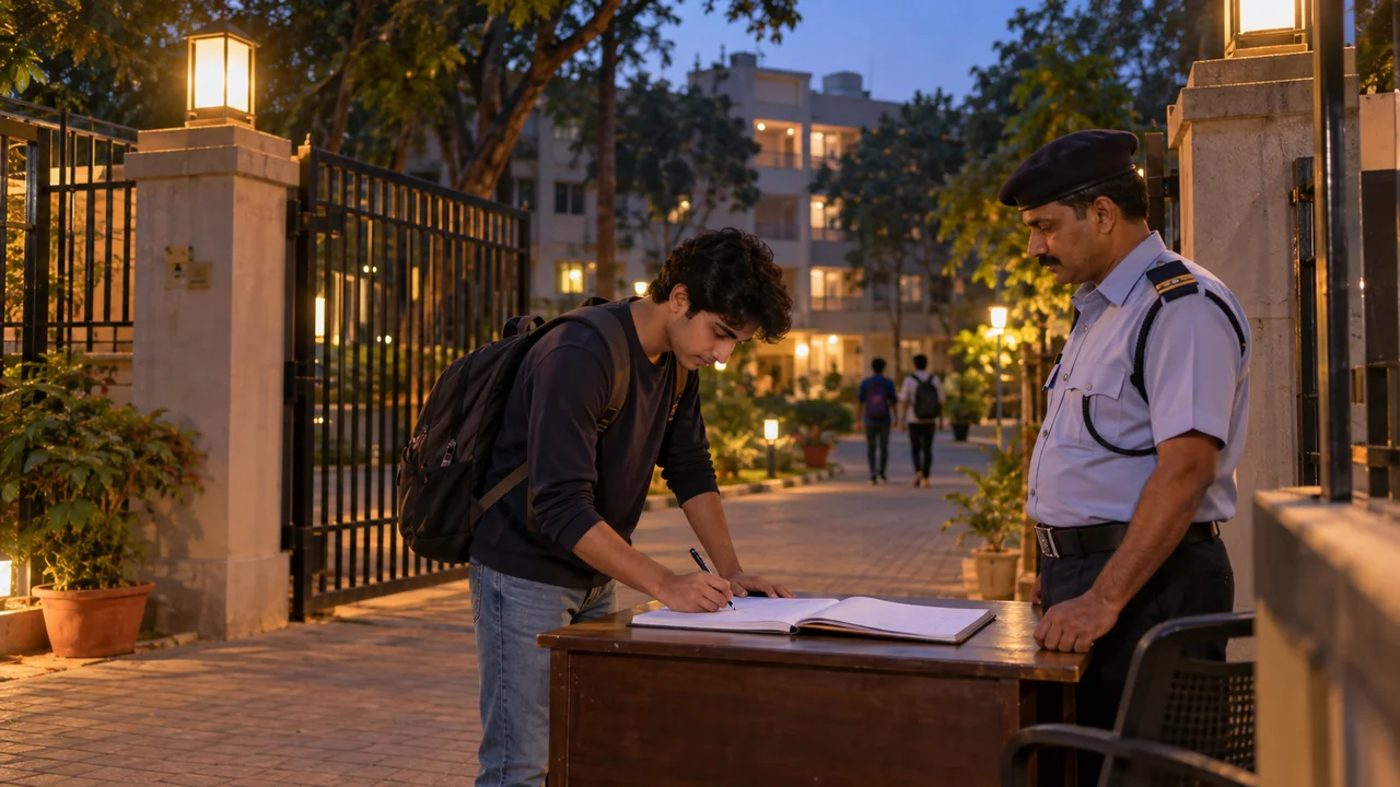 A student signs the entry register at a lit hostel gate in the evening while a security guard checks the time on his watch.