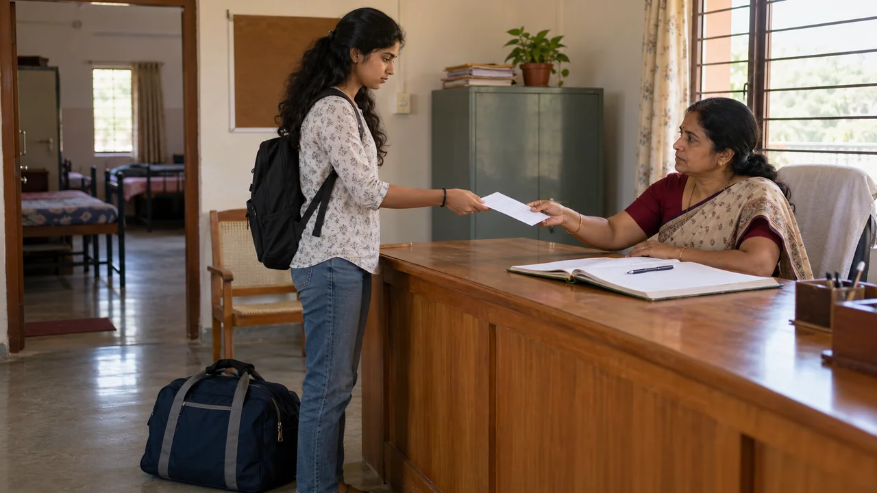 An Indian college student stands at a hostel office counter handing a handwritten leave application to the warden, with a packed travel bag at his feet.