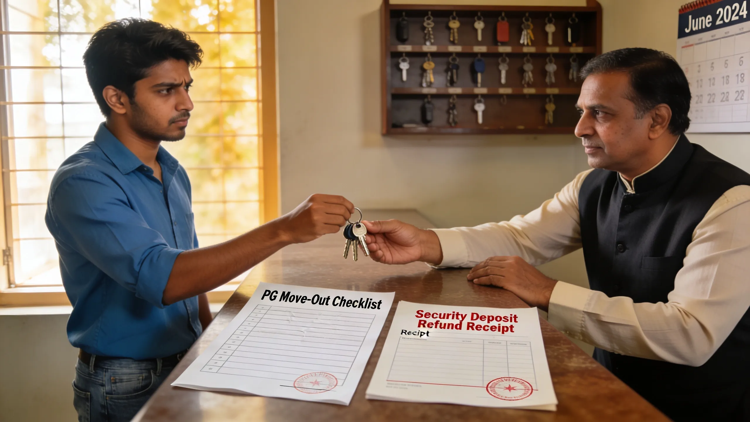 Student reviewing PG rental agreement and deposit receipt documents in India