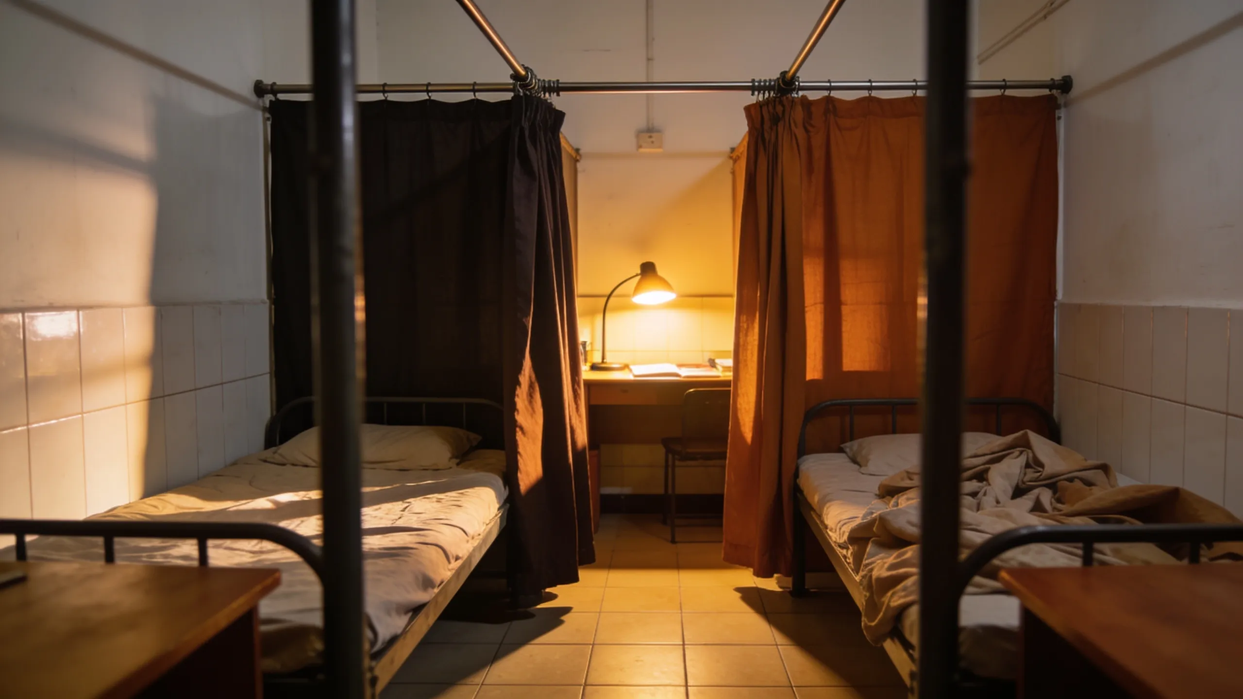 Shared hostel room with bed curtain privacy setup in Indian college
