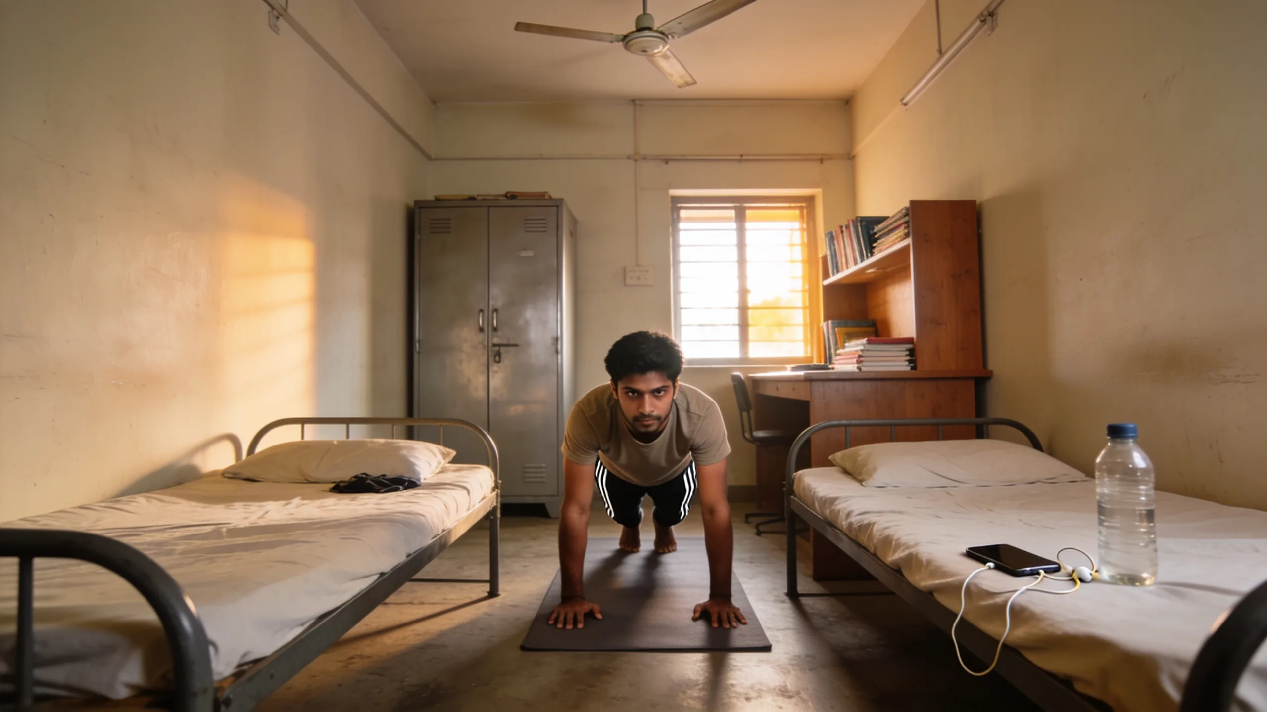 Indian student doing push-ups in small hostel room between two beds with study desk nearby