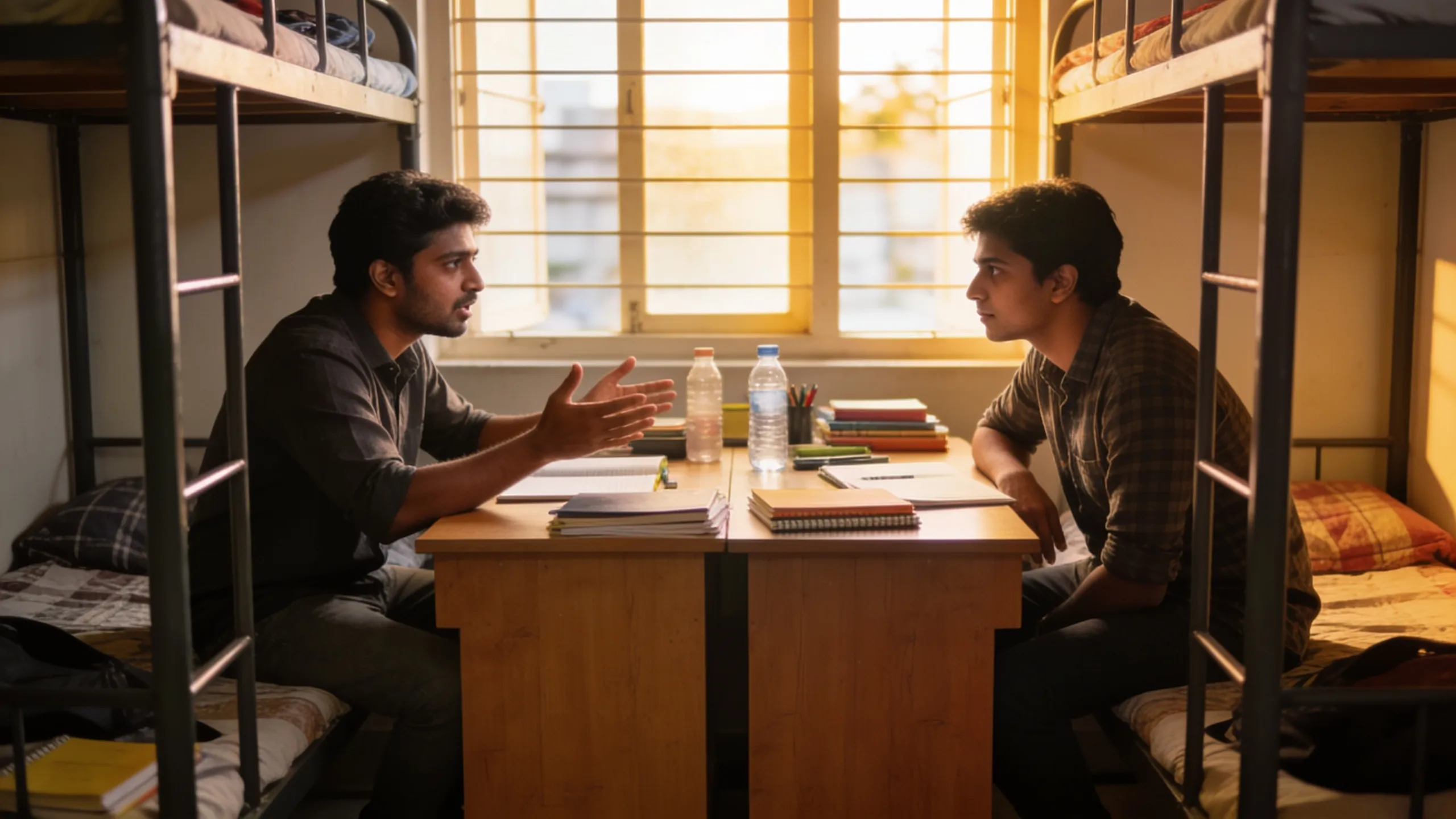Two hostel roommates having a calm discussion at a study desk in their shared room