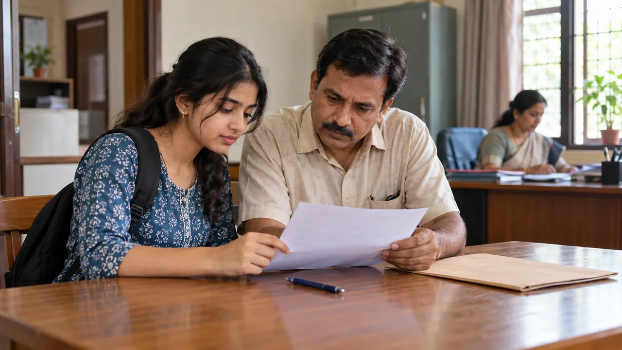 An Indian student and her father sit at a hostel office table reading and signing a printed undertaking form before move-in.