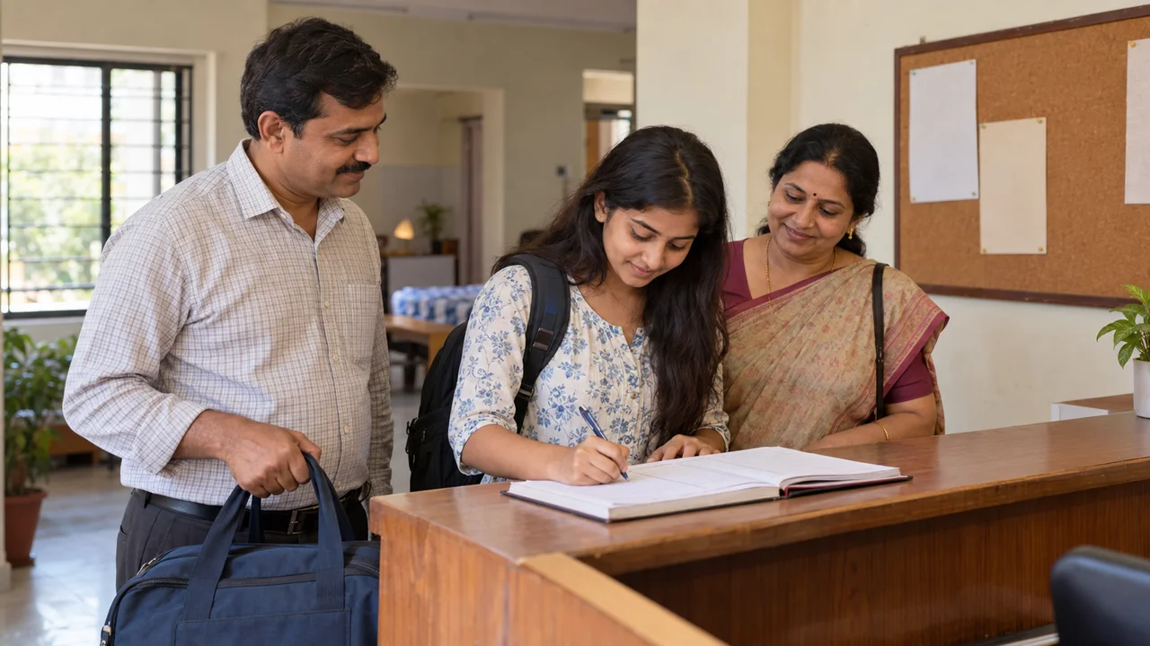 A student signs a visitor register at a hostel reception desk while her parents wait beside her with a small bag.