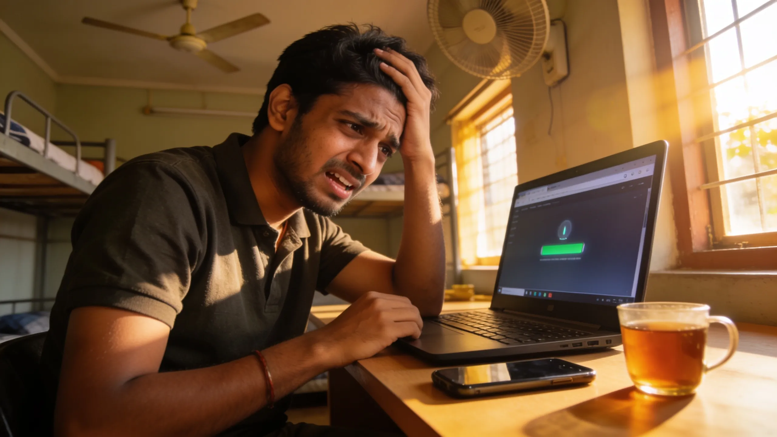 Student running WiFi speed test on laptop in hostel room in India