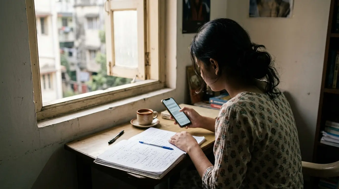 Person comparing paying-guest options on a phone with handwritten notes open beside them