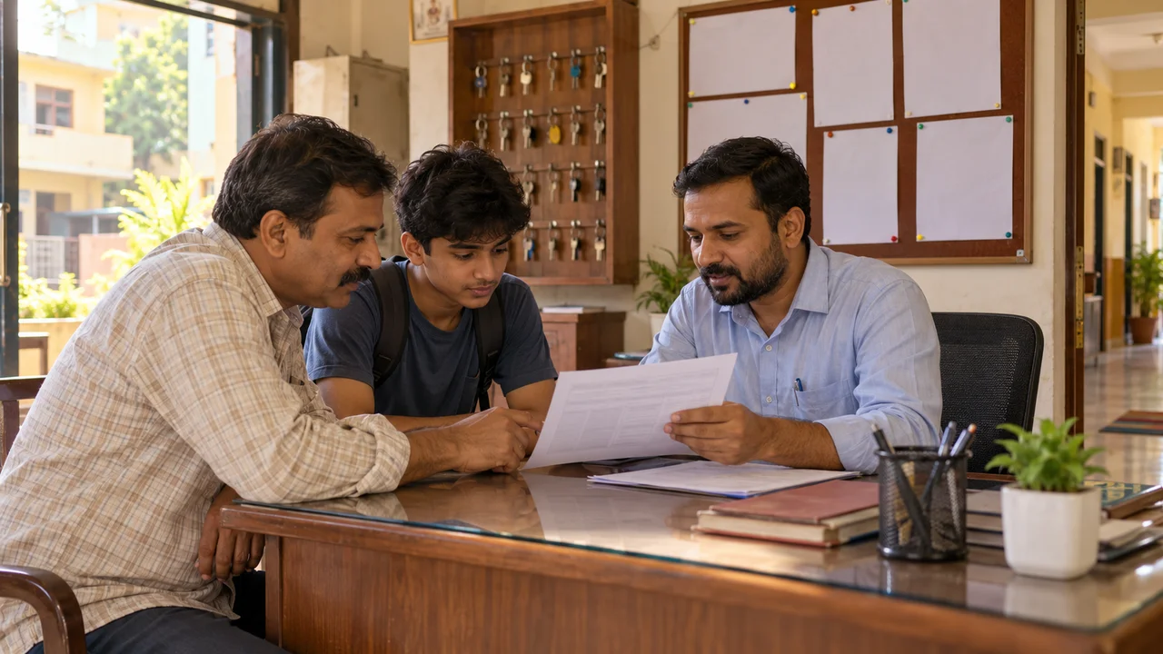 A parent and a teenage coaching student review a printed hostel fee sheet with a warden at the reception desk of a student hostel in Kota.