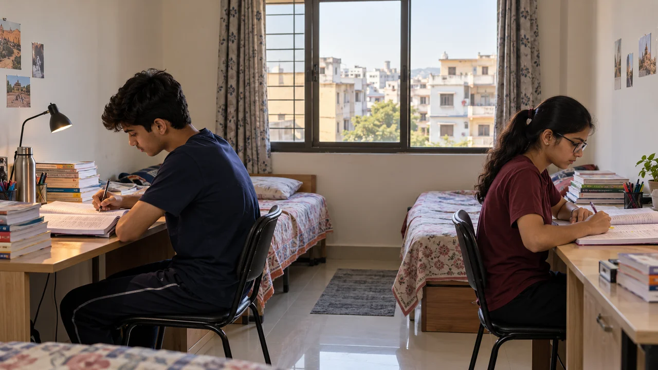 Two teenage students study at separate desks in a tidy shared room in Kota, Rajasthan, with books stacked beside them and daylight coming through the window.