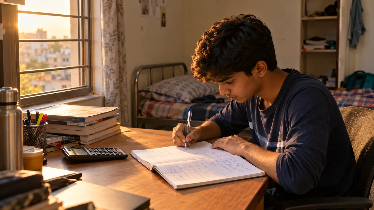 A coaching student in a Kota hostel room writes a monthly expense list in a notebook beside a calculator and a stack of NEET and JEE study books.