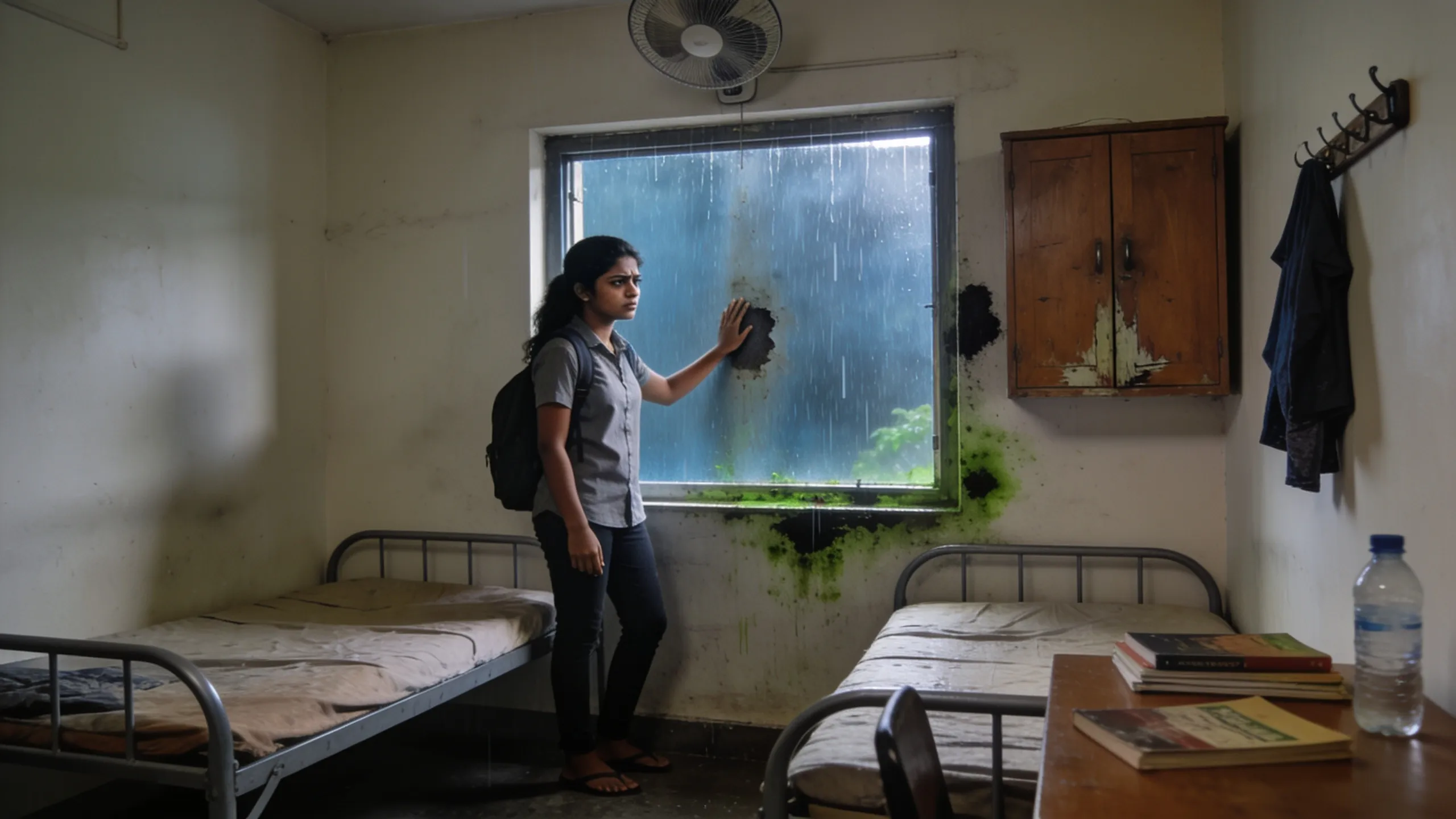 Student looking at damp hostel room wall during Indian monsoon with rain visible through window